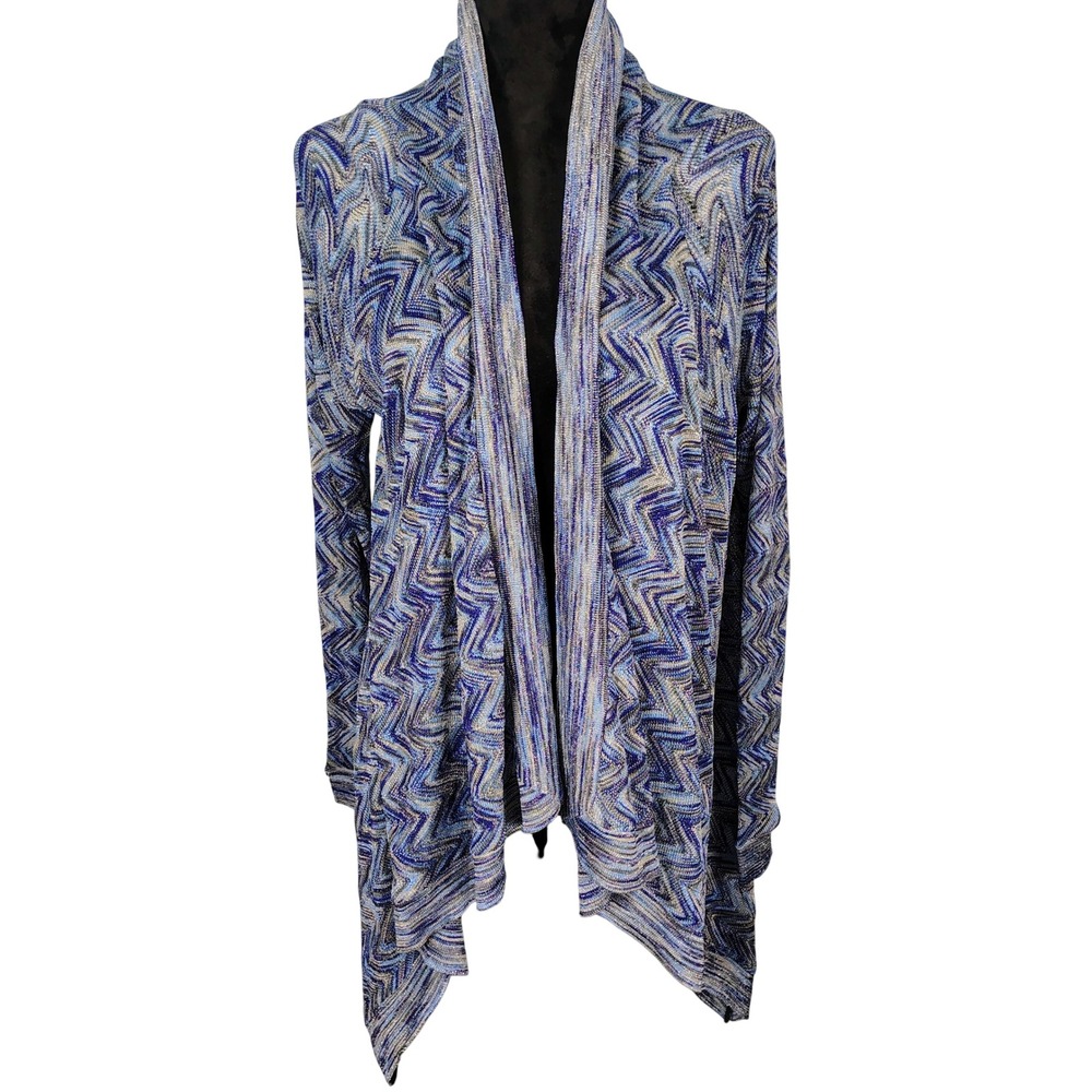 Madison Womens Blue Metallic Chevron Zigzag Open Front Draped Cardigan M NWT